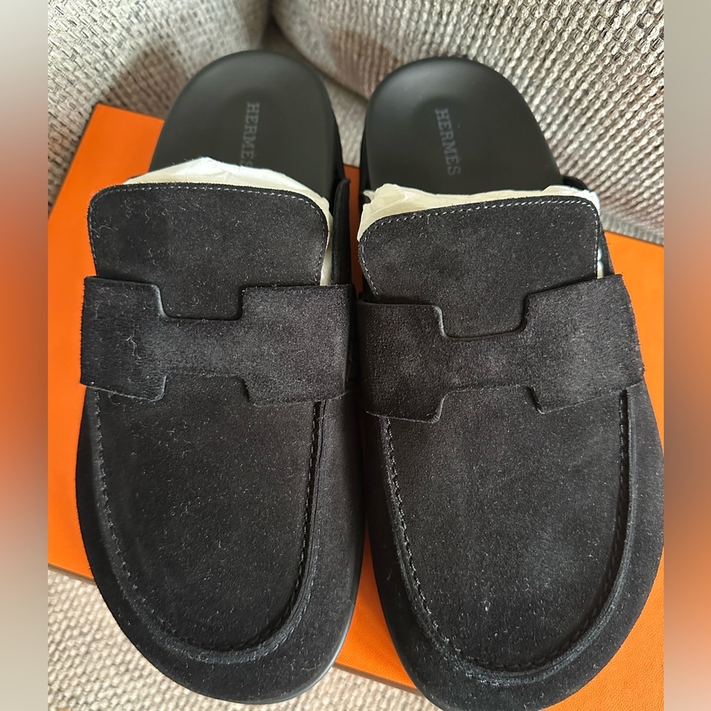 size 39EU NEW HERMES Black Suede Goatskin Women's Go Mule  w/ Receipt